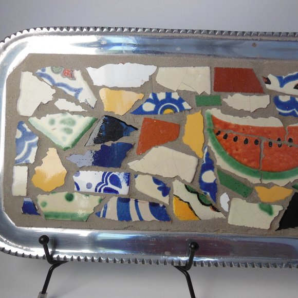 Serving tray, metal tray with tile mosaic water melon mosaic tray, 24 in. X 7 in - Picture 2 of 12